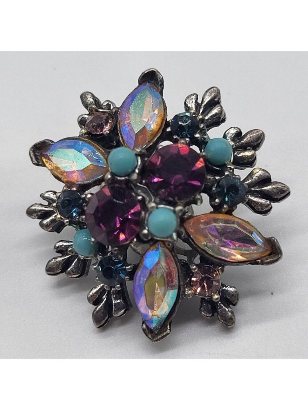 VTG Cluster AB Pink/Purple Rhinestones Clip On Earrings Blue Accent Beads Fairy - Picture 5 of 9